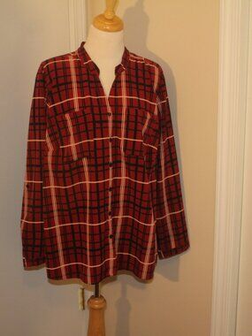 Plus Size 2X Notations Button Front Roll Tab Sleeve Shirt